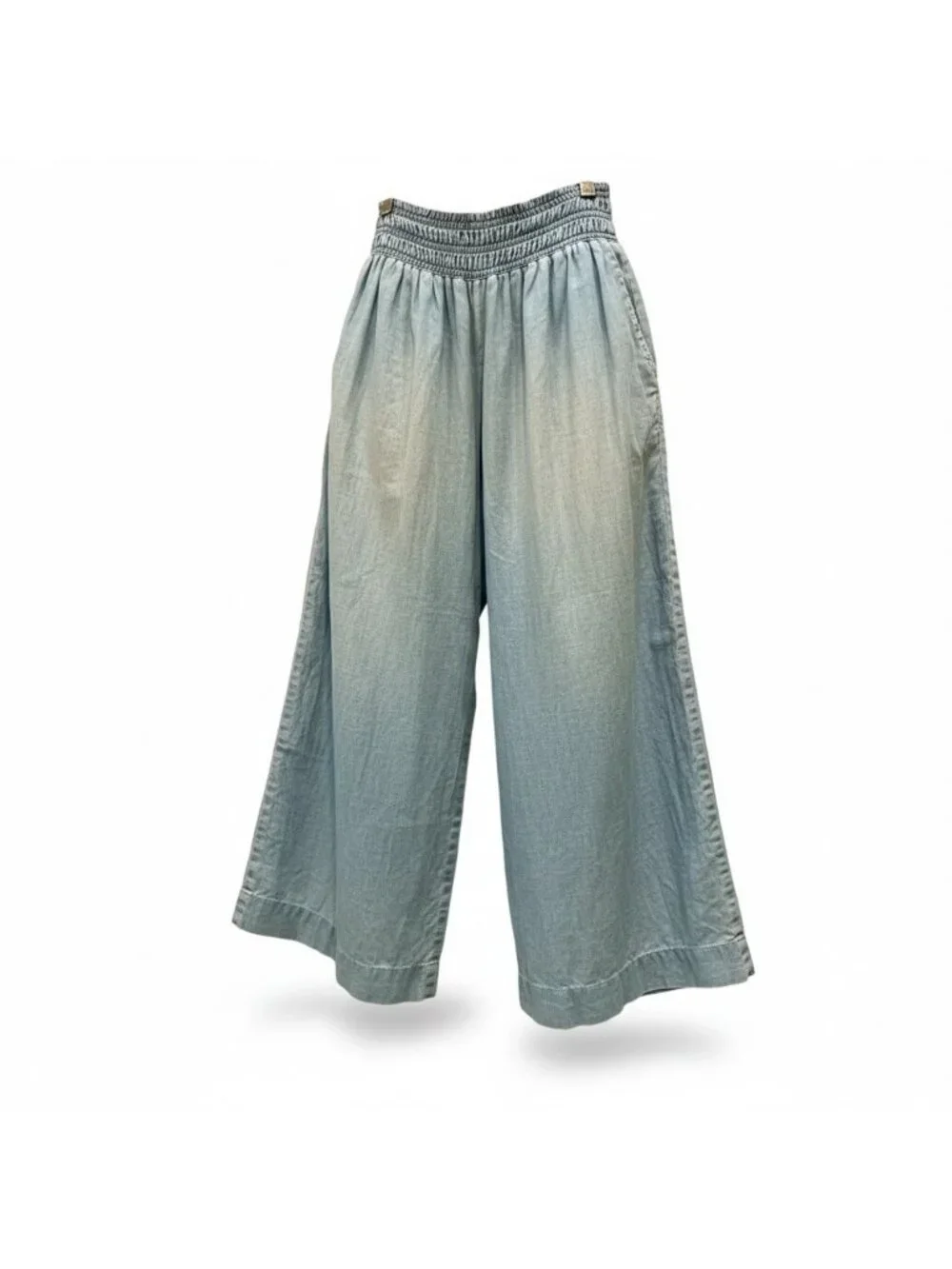 Wide-Leg Linen Women's Pants M Smocked Waist Pull-On Boho Lightly Faded Blue - Picture 1 of 12